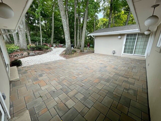 Stone paver patio in backyard