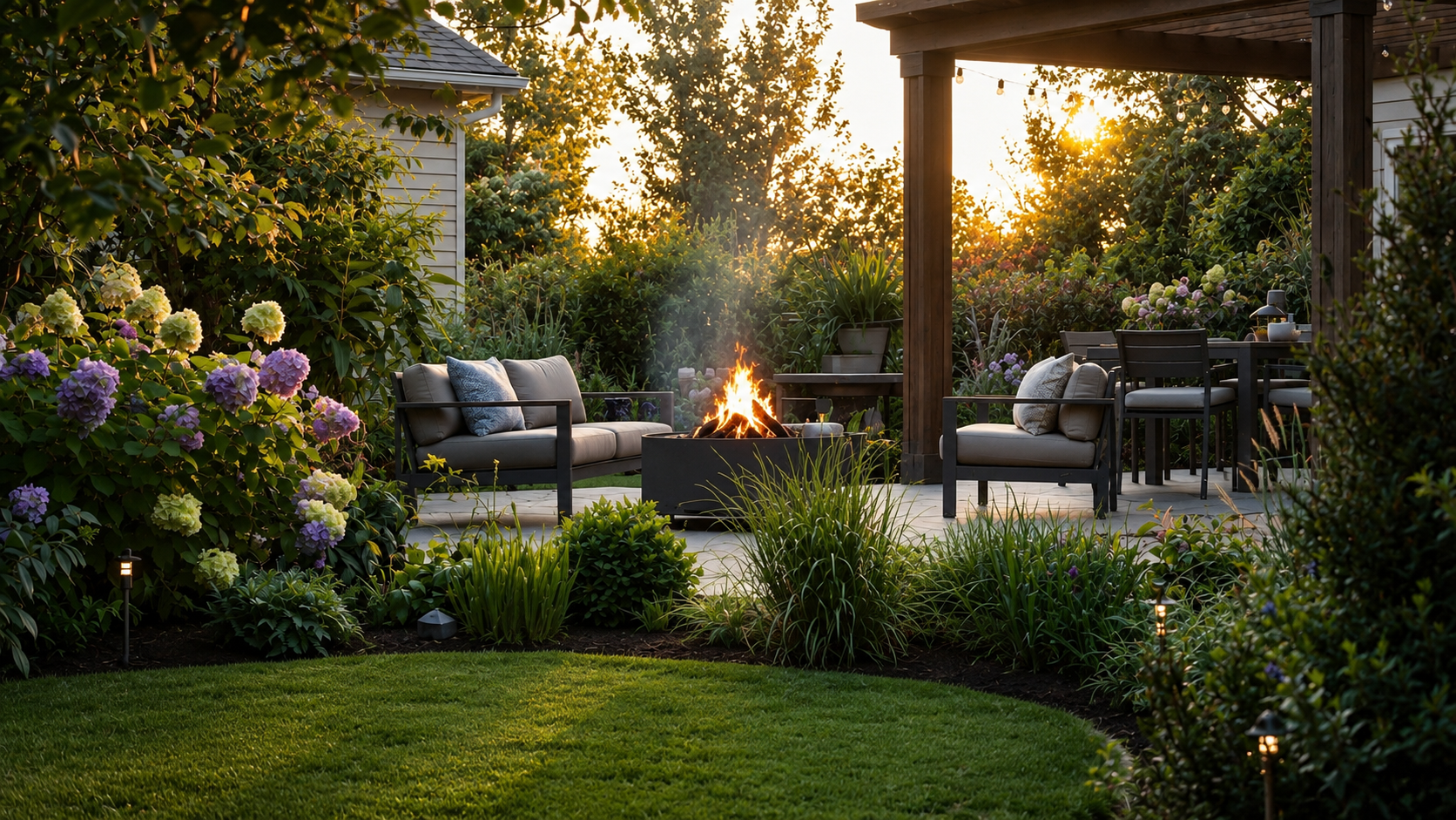 Palladium-built outdoor living space in Wisconsin on a misty morning