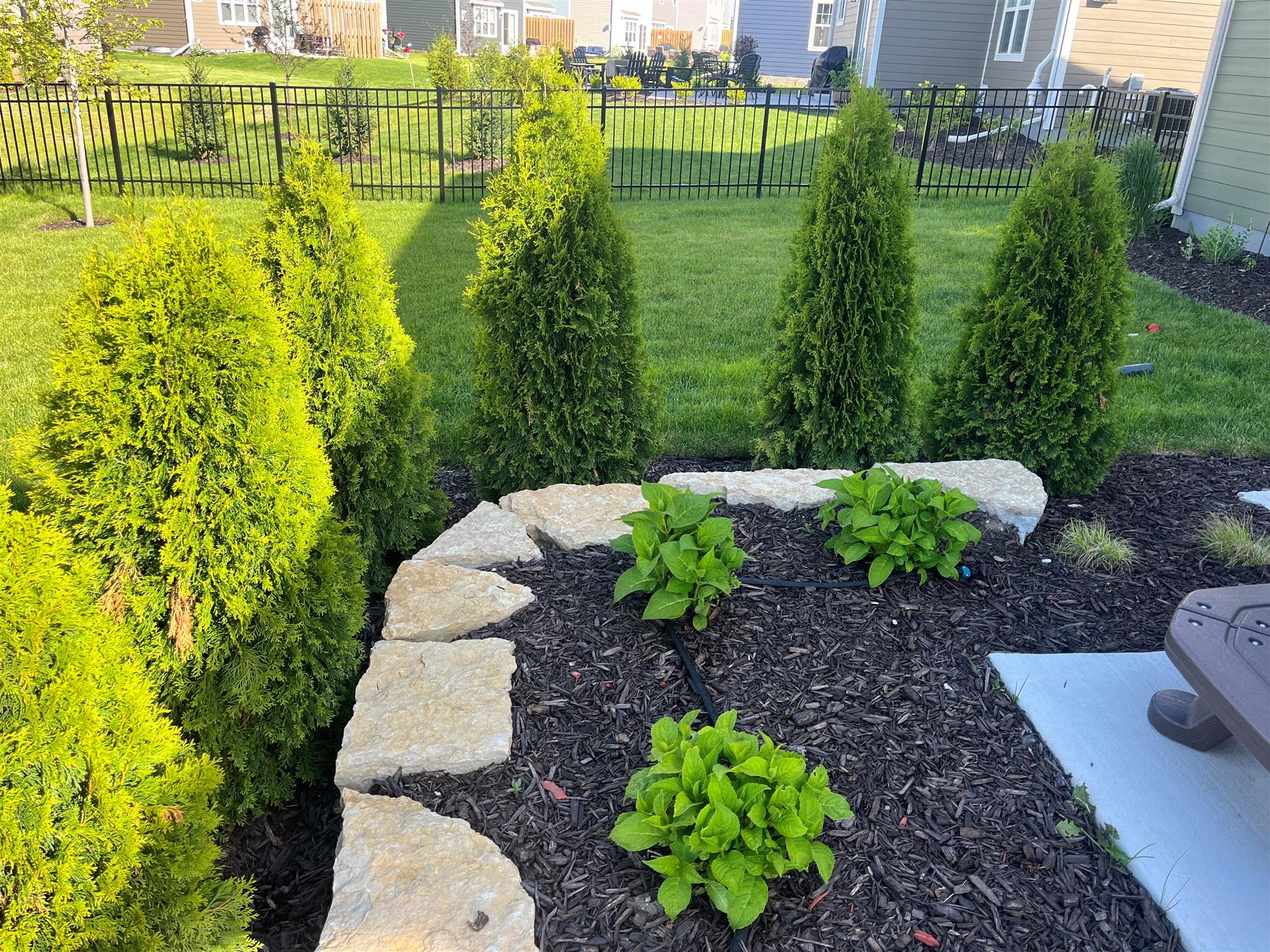 Retaining Boulders with Landscaped Trees and Bushes